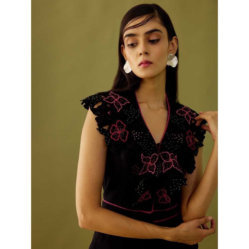 CHANDRIMA Black Floral Applique And Beadwork Kala Cotton Jumpsuit