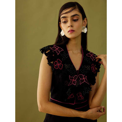 CHANDRIMA Black Floral Applique And Beadwork Kala Cotton Jumpsuit