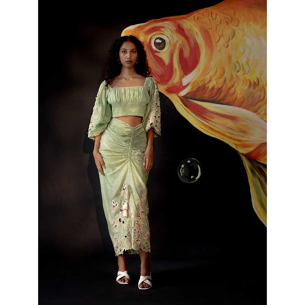 CHANDRIMA Sage Green Tie-Dye Ruched Top