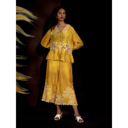 CHANDRIMA Yellow Tie-Dye Cutwork Pants
