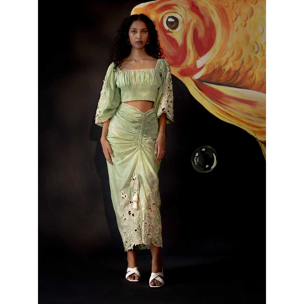 CHANDRIMA Sage Green Tie-Dye Drawstring Skirt