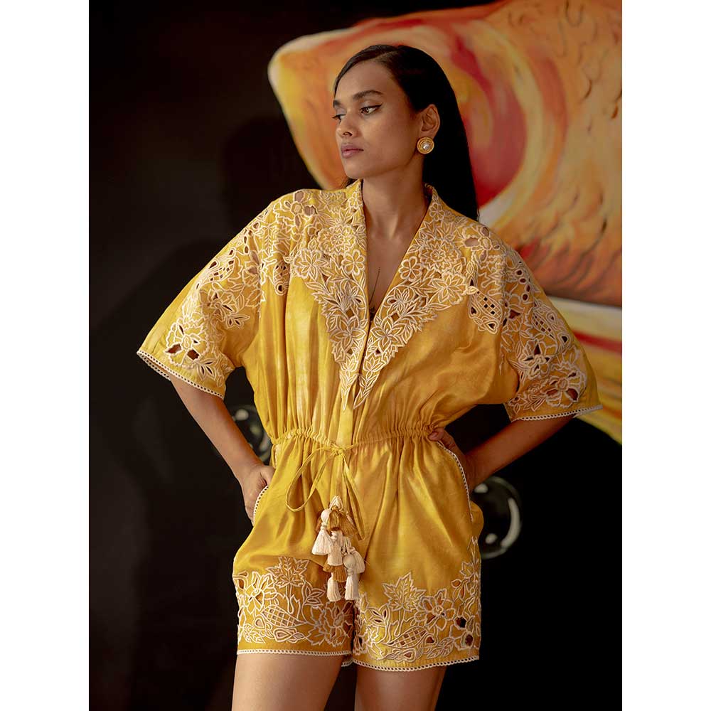 CHANDRIMA Yellow Tie-Dye Cutwork Playsuit
