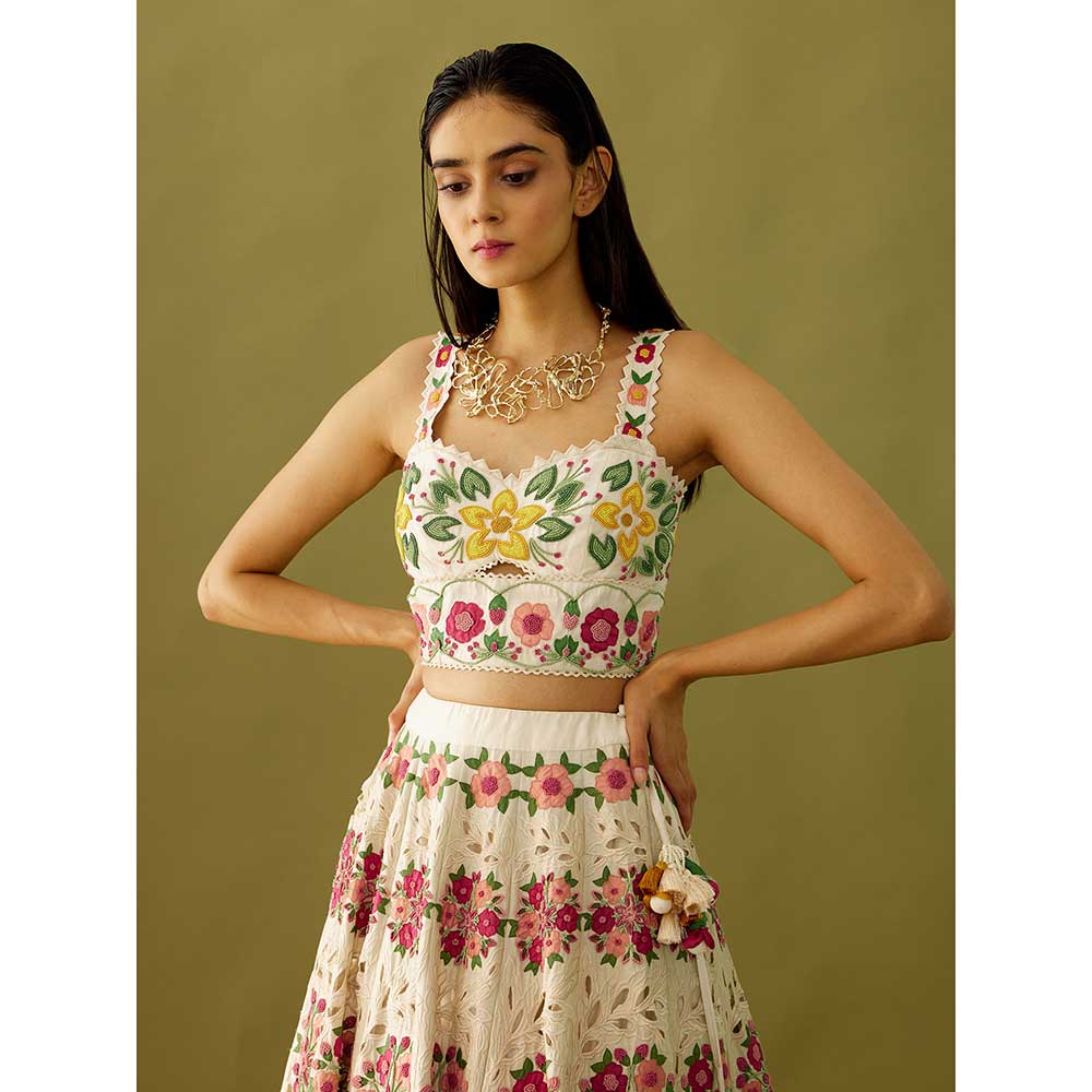 CHANDRIMA Ivory Floral Applique Crop Top