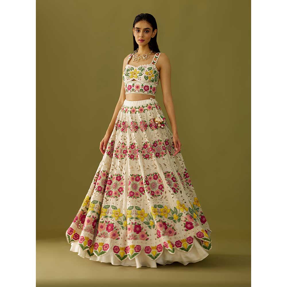 CHANDRIMA Ivory Floral Applique Crop Top