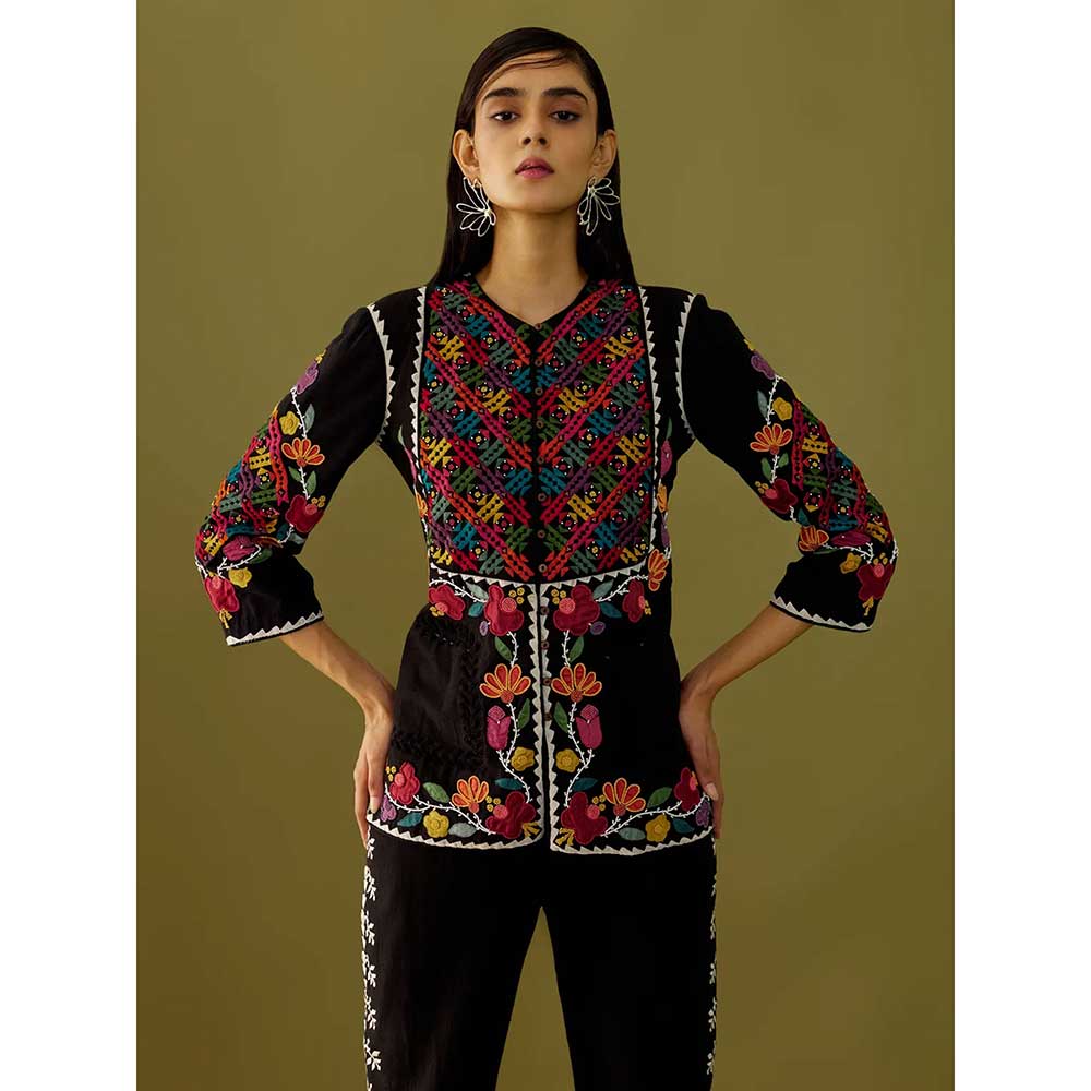 CHANDRIMA Black Yoke Detail Embroidered Jacket