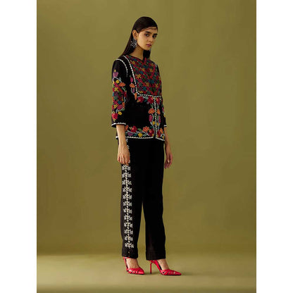 CHANDRIMA Black Yoke Detail Embroidered Jacket