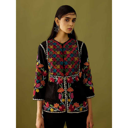CHANDRIMA Black Yoke Detail Embroidered Jacket