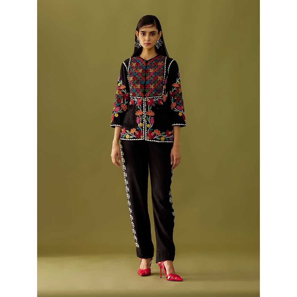 CHANDRIMA Black Yoke Detail Embroidered Jacket