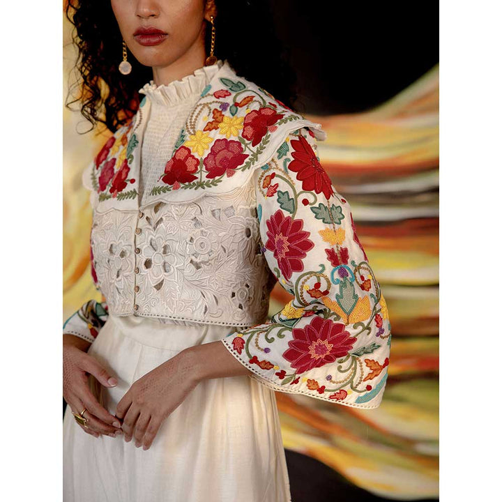 CHANDRIMA Ivory Cutwork Bolero Jacket with Bell Sleeves