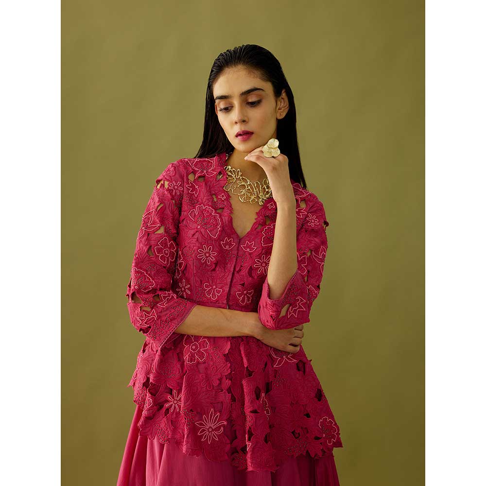 CHANDRIMA Fuchsia Pink Cutwork Peplum Jacket