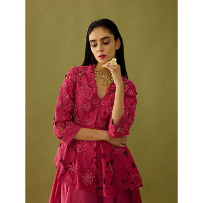 CHANDRIMA Fuchsia Pink Cutwork Peplum Jacket