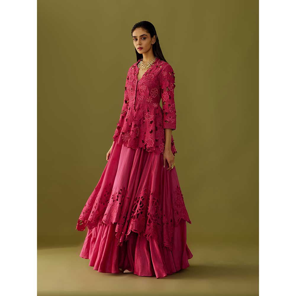 CHANDRIMA Fuchsia Pink Cutwork Peplum Jacket