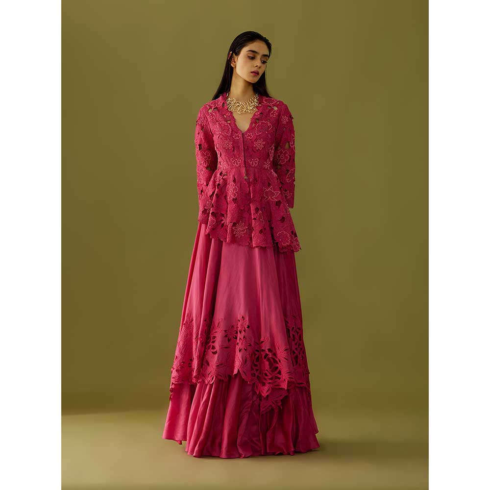 CHANDRIMA Fuchsia Pink Cutwork Peplum Jacket