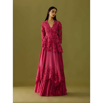 CHANDRIMA Fuchsia Pink Cutwork Peplum Jacket