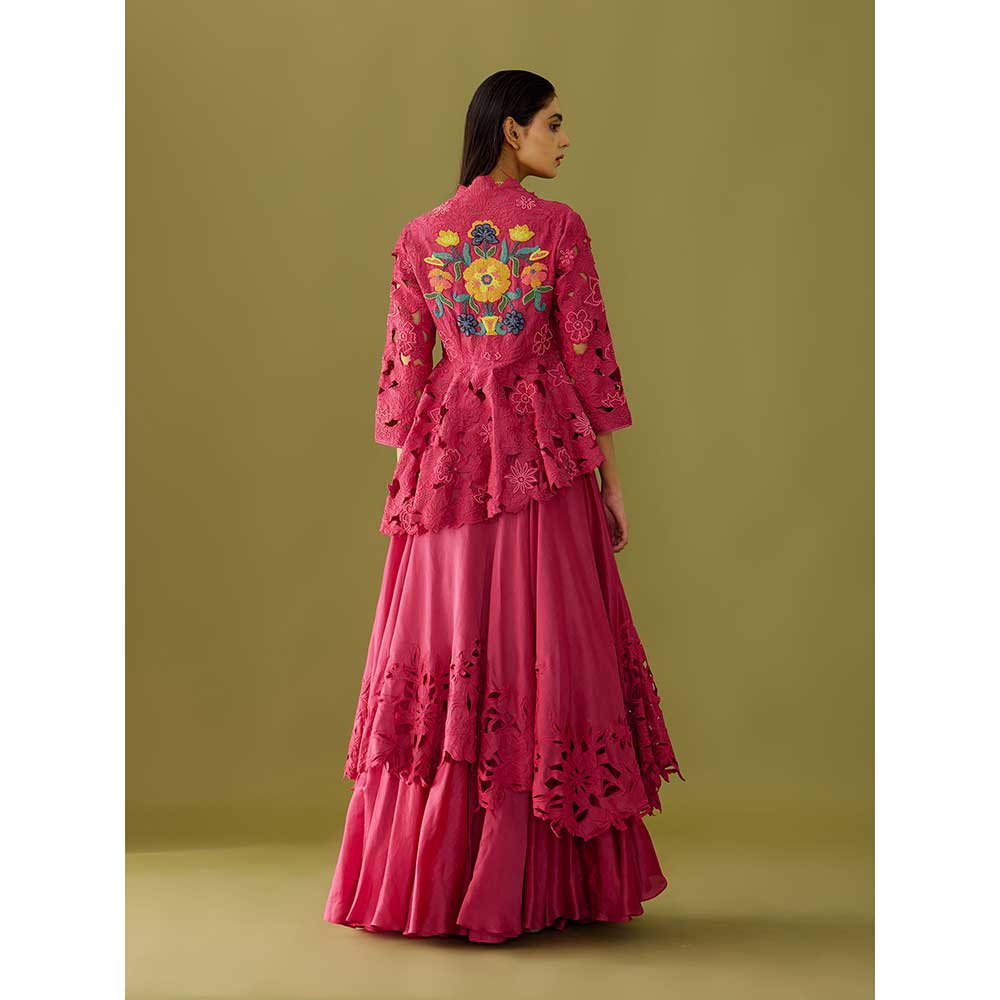 CHANDRIMA Fuchsia Pink Cutwork Peplum Jacket