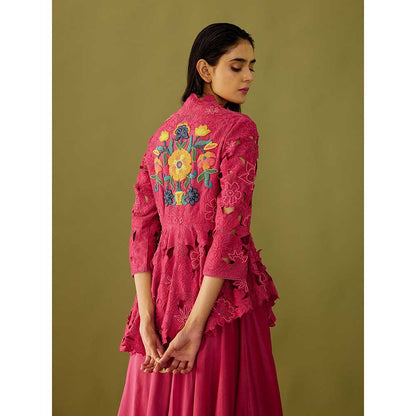 CHANDRIMA Fuchsia Pink Cutwork Peplum Jacket