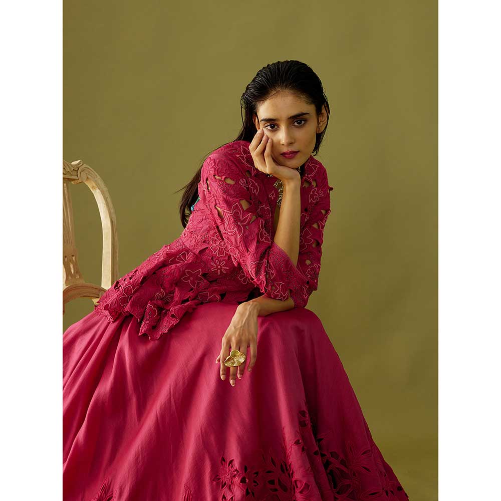 CHANDRIMA Fuchsia Pink Cutwork Peplum Jacket