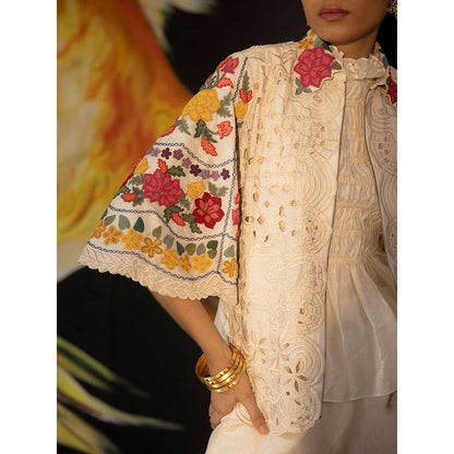 CHANDRIMA Ivory Cutwork and Beadwork Short Jacket