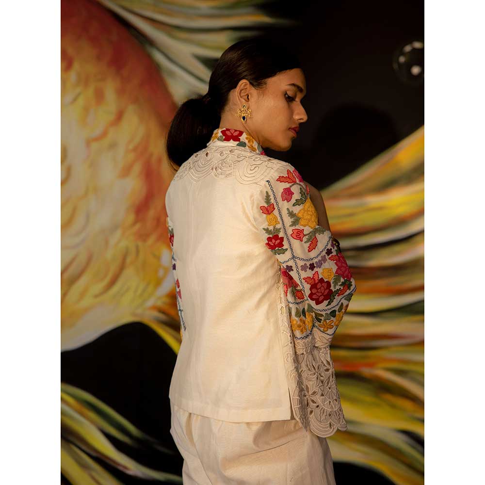 CHANDRIMA Ivory Cutwork and Beadwork Short Jacket