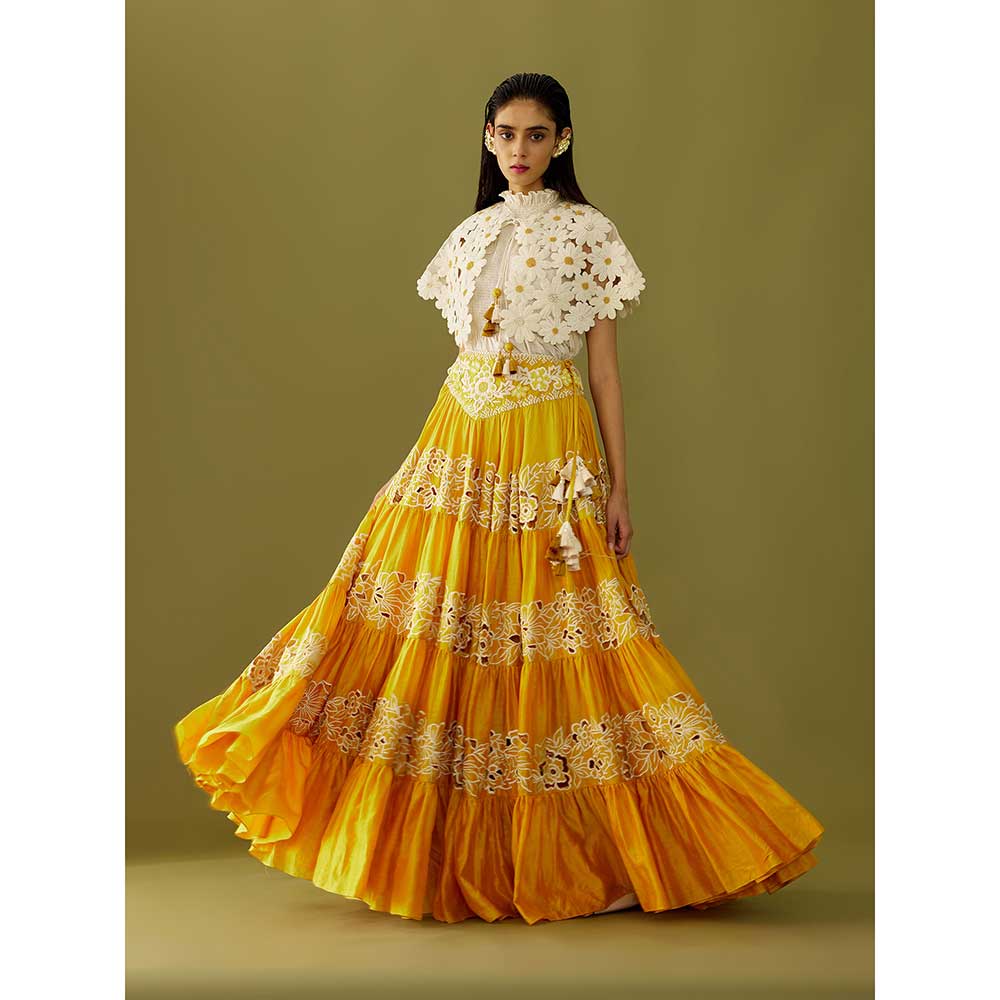 CHANDRIMA Yellow Cutwork and Yoke Detail Skirt