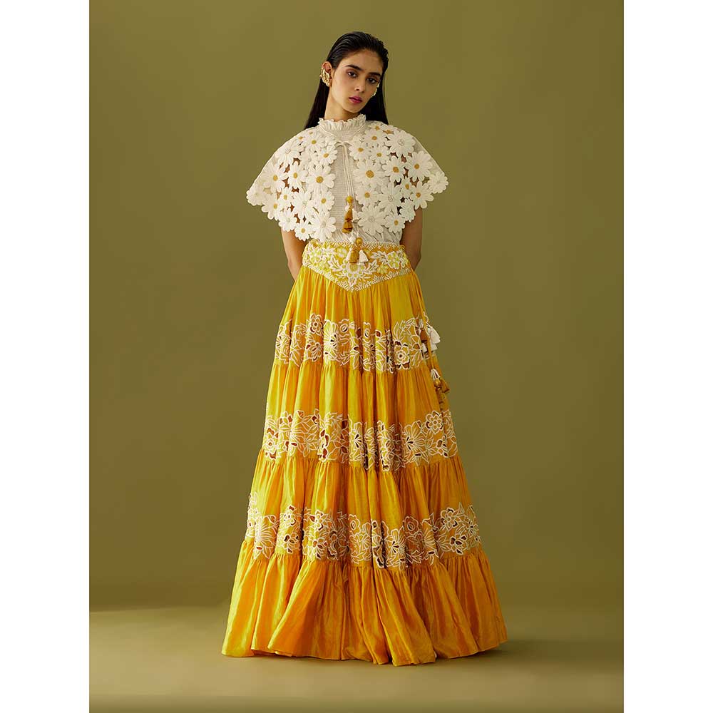 CHANDRIMA Yellow Cutwork and Yoke Detail Skirt