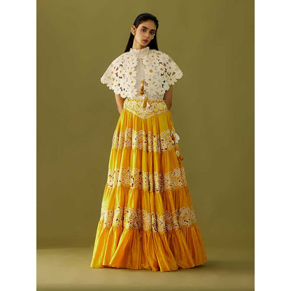 CHANDRIMA Yellow Cutwork and Yoke Detail Skirt