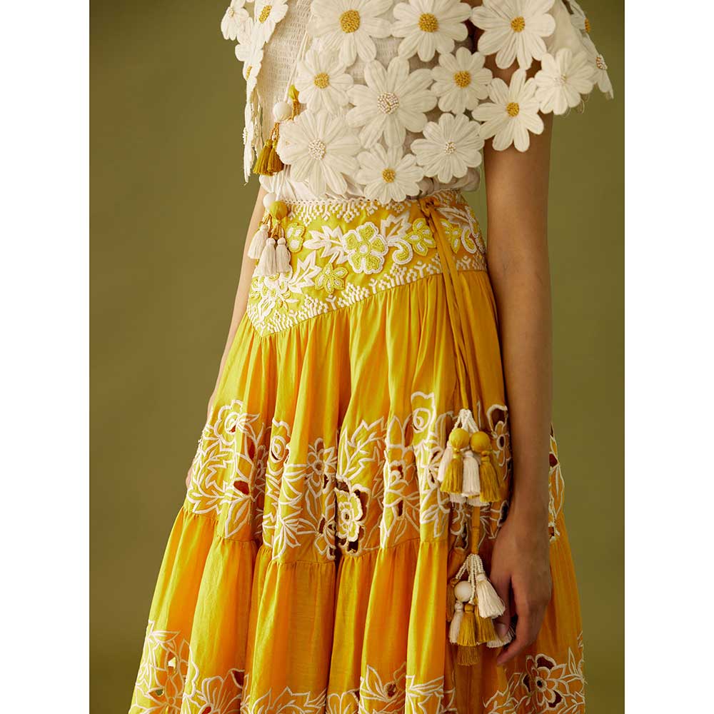 CHANDRIMA Yellow Cutwork and Yoke Detail Skirt