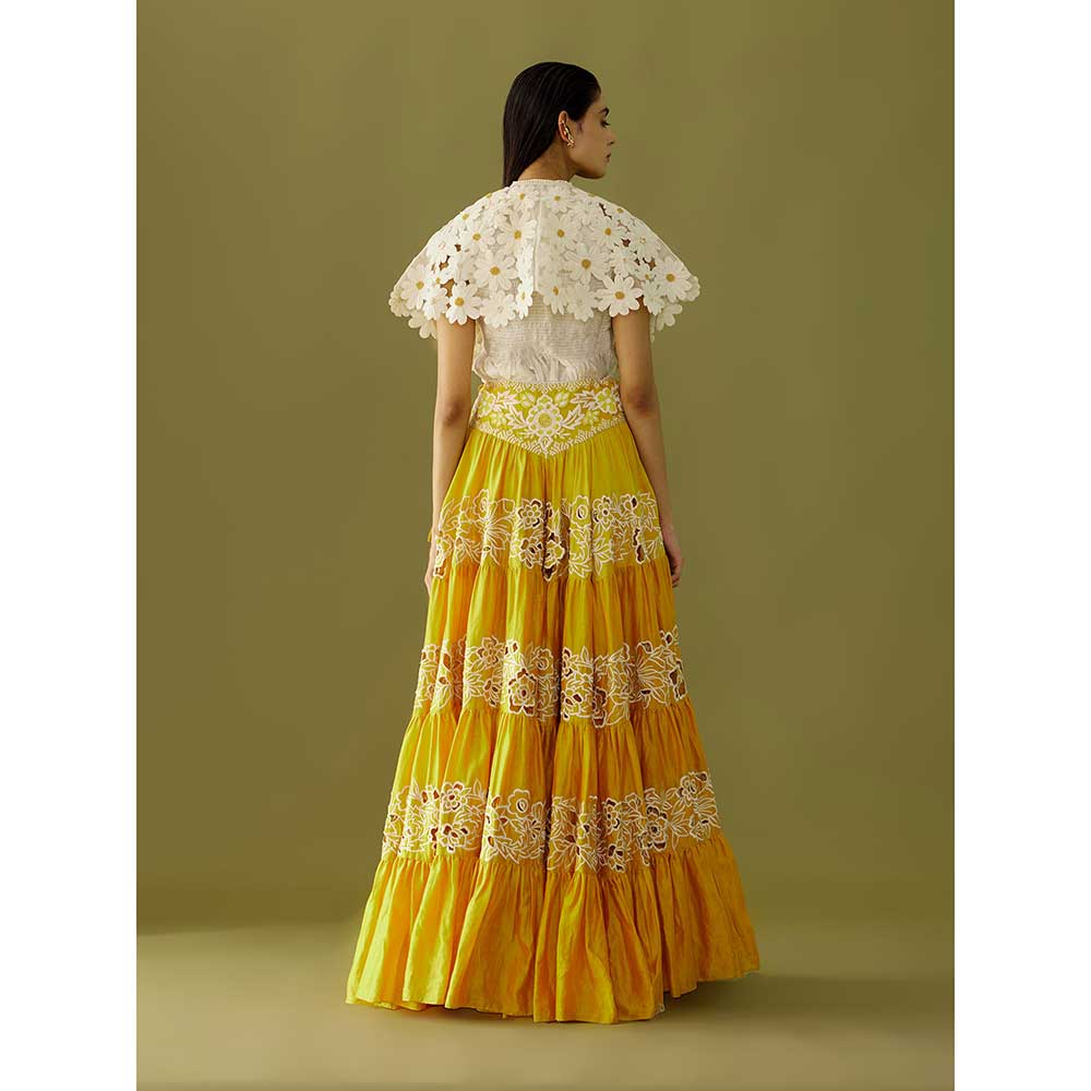 CHANDRIMA Yellow Cutwork and Yoke Detail Skirt