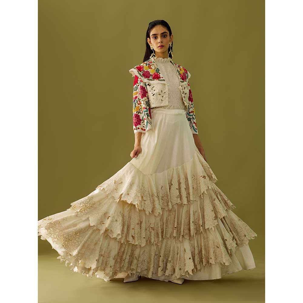 CHANDRIMA Ivory Cutwork Ruffled Skirt