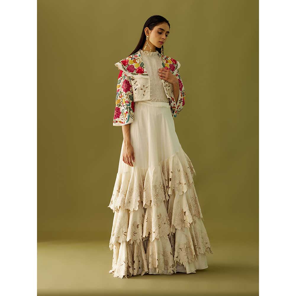CHANDRIMA Ivory Cutwork Ruffled Skirt