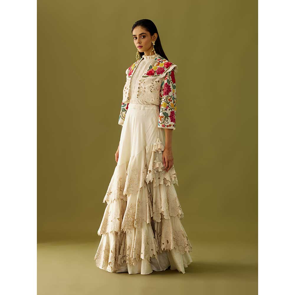 CHANDRIMA Ivory Cutwork Ruffled Skirt