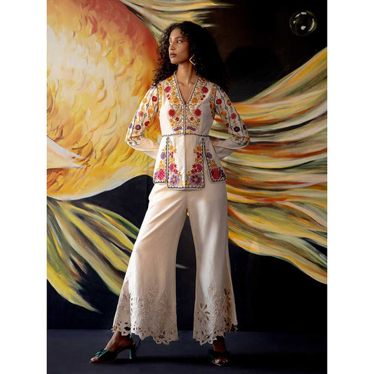 CHANDRIMA Ivory Cutwork Bell Bottom Palazzos