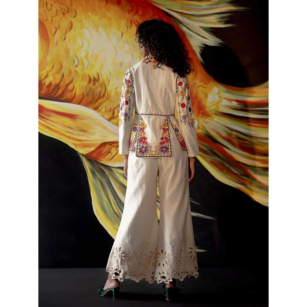 CHANDRIMA Ivory Cutwork Bell Bottom Palazzos