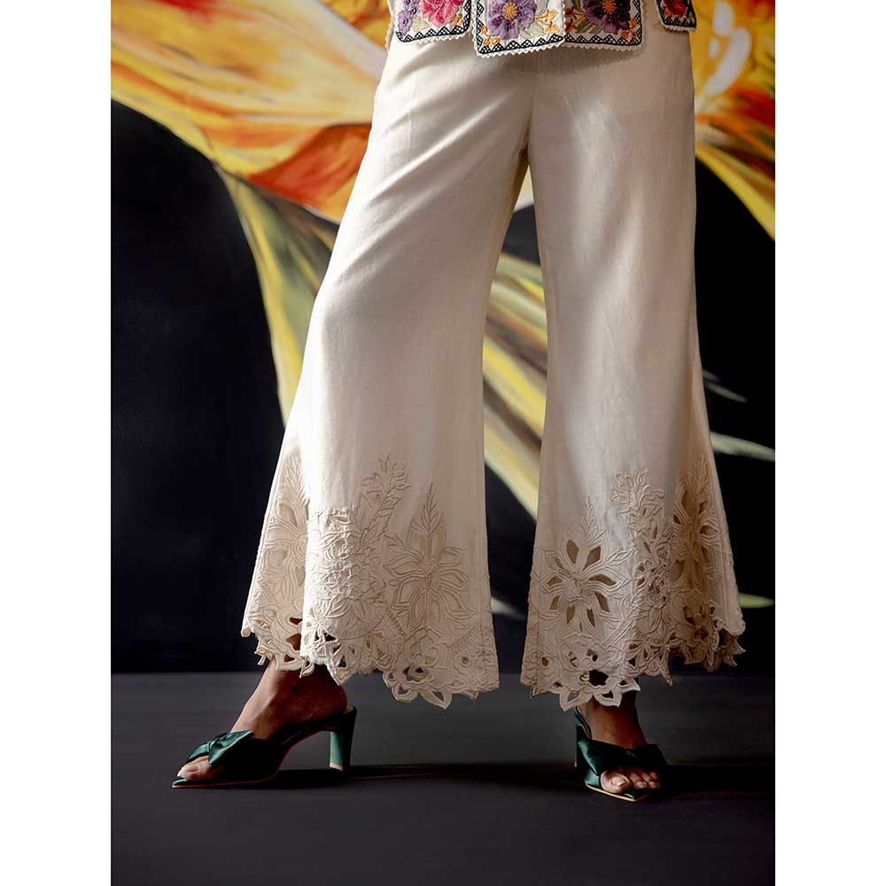 CHANDRIMA Ivory Cutwork Bell Bottom Palazzos