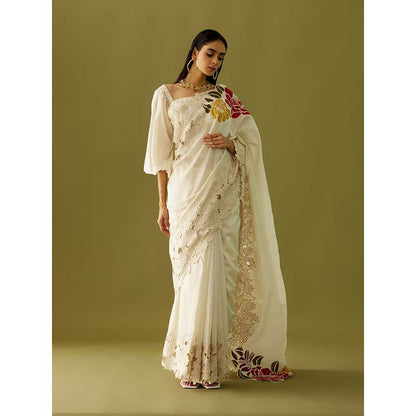 CHANDRIMA Ivory Applique Chanderi Saree with Stitched Blouse (Set of 2)