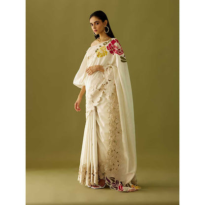 CHANDRIMA Ivory Applique Chanderi Saree with Stitched Blouse (Set of 2)