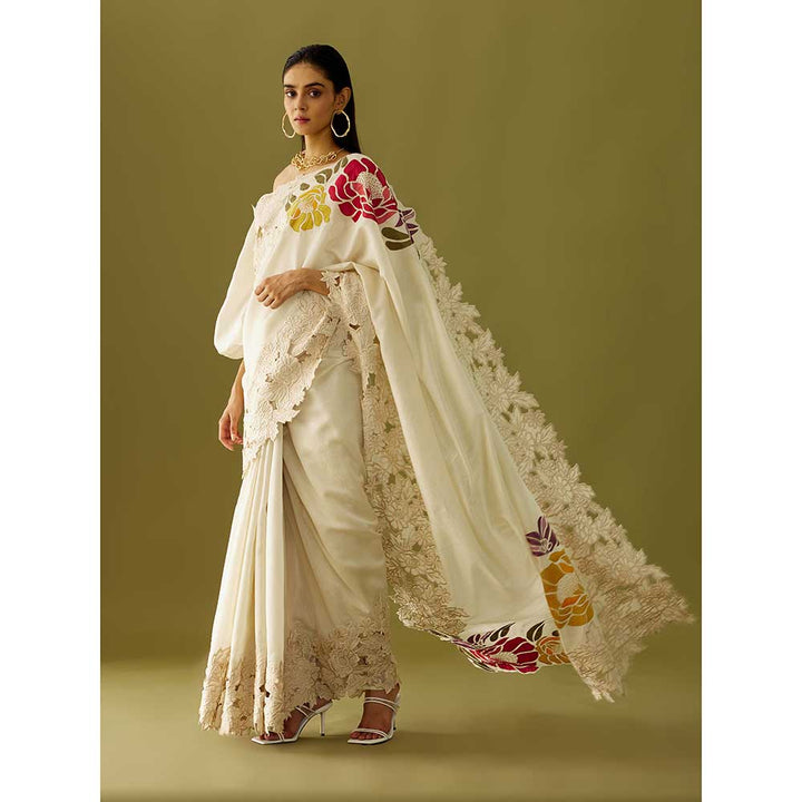 CHANDRIMA Ivory Applique Chanderi Saree with Stitched Blouse (Set of 2)