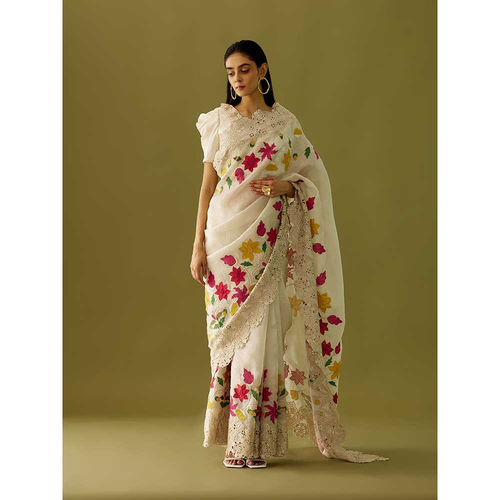 CHANDRIMA Ivory Cutwork and Applique Organza Saree with Stitched Blouse (Set of 2)