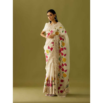 CHANDRIMA Ivory Cutwork and Applique Organza Saree with Stitched Blouse (Set of 2)