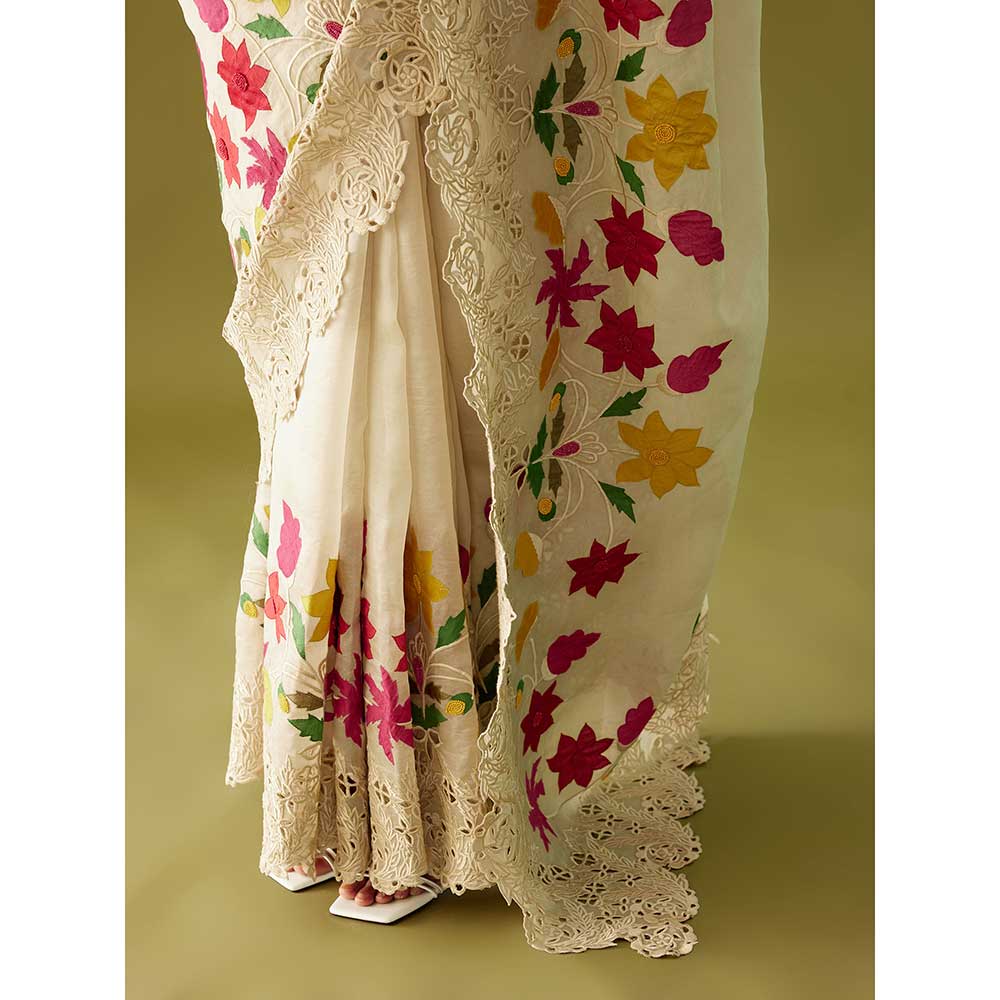 CHANDRIMA Ivory Cutwork and Applique Organza Saree with Stitched Blouse (Set of 2)