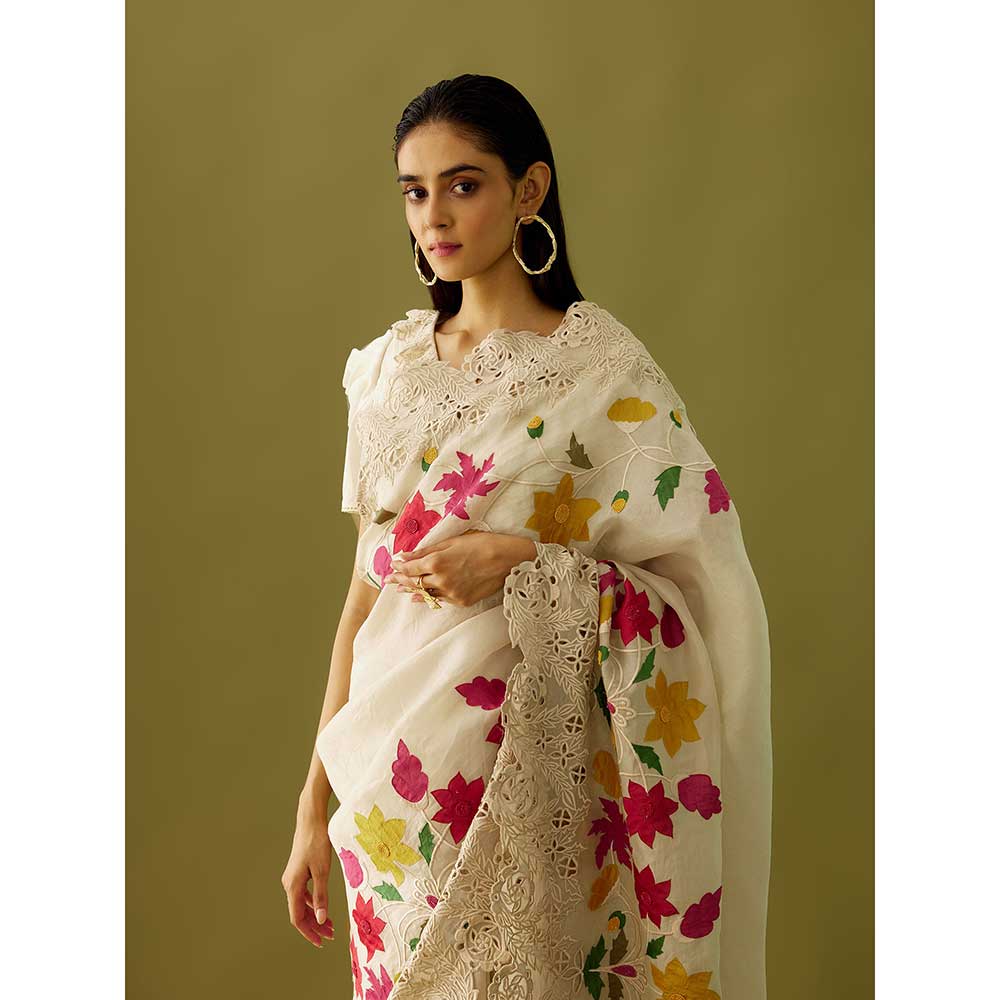 CHANDRIMA Ivory Cutwork and Applique Organza Saree with Stitched Blouse (Set of 2)