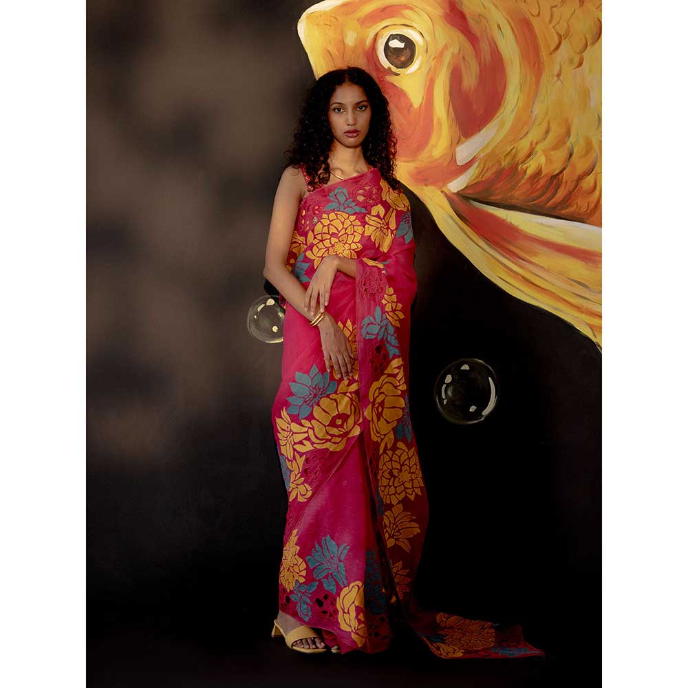 CHANDRIMA Pink Floral Applique Saree with Stitched Blouse (Set of 2)