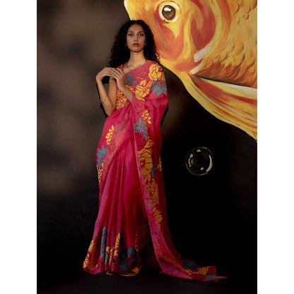 CHANDRIMA Pink Floral Applique Saree with Stitched Blouse (Set of 2)