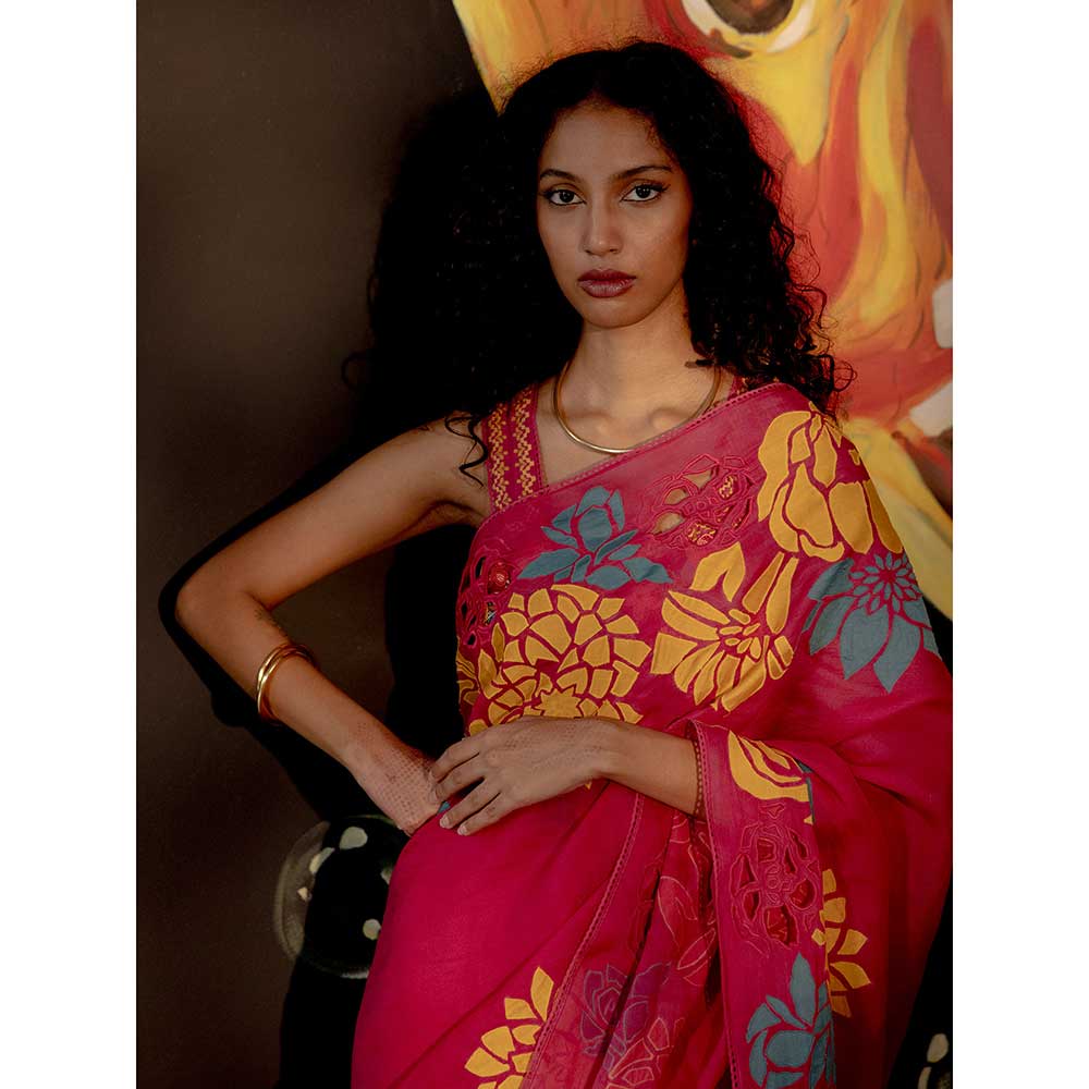 CHANDRIMA Pink Floral Applique Saree with Stitched Blouse (Set of 2)