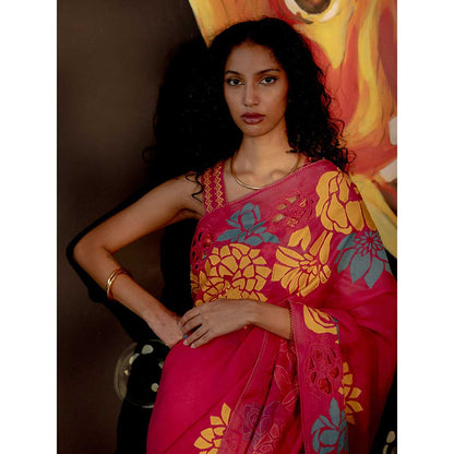 CHANDRIMA Pink Floral Applique Saree with Stitched Blouse (Set of 2)