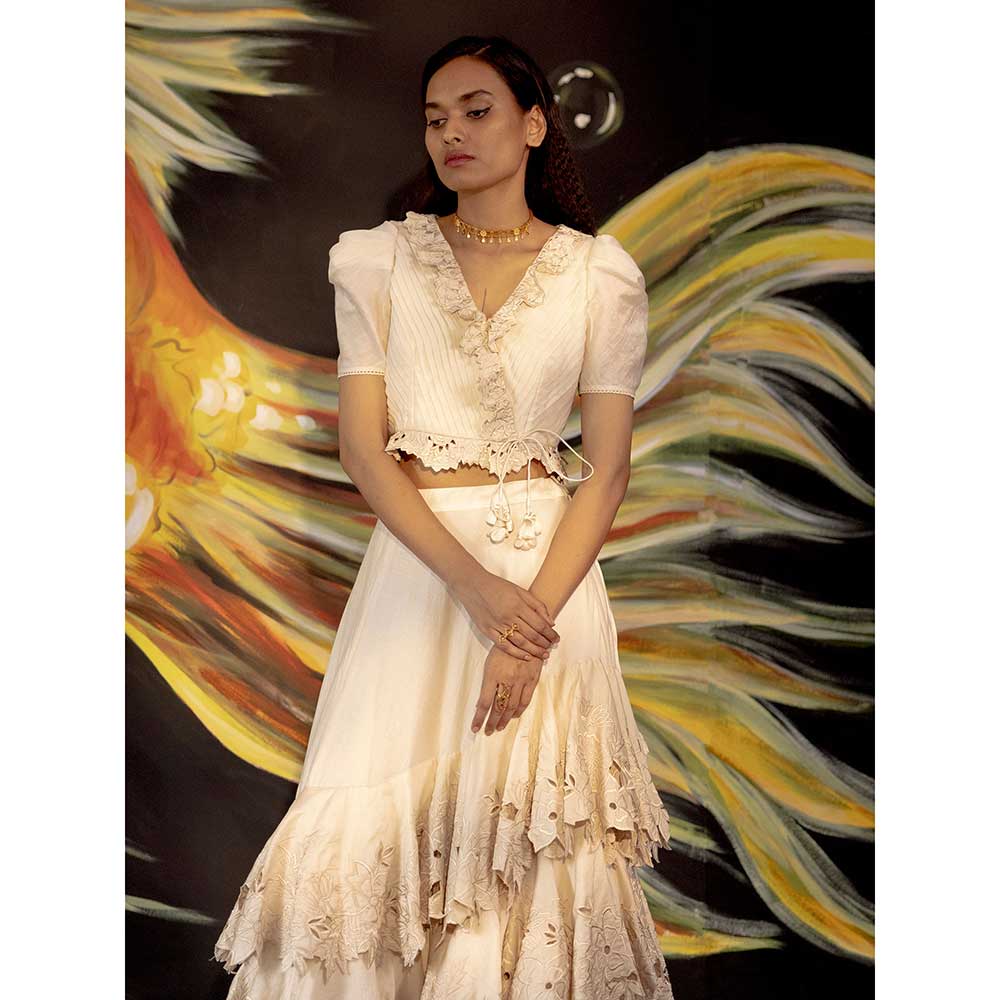 CHANDRIMA Ivory Pleated Half Sleeves Crop Top