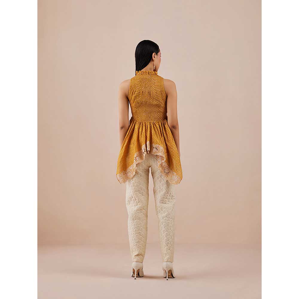 CHANDRIMA Yellow Printed Smocked Cutwork Top