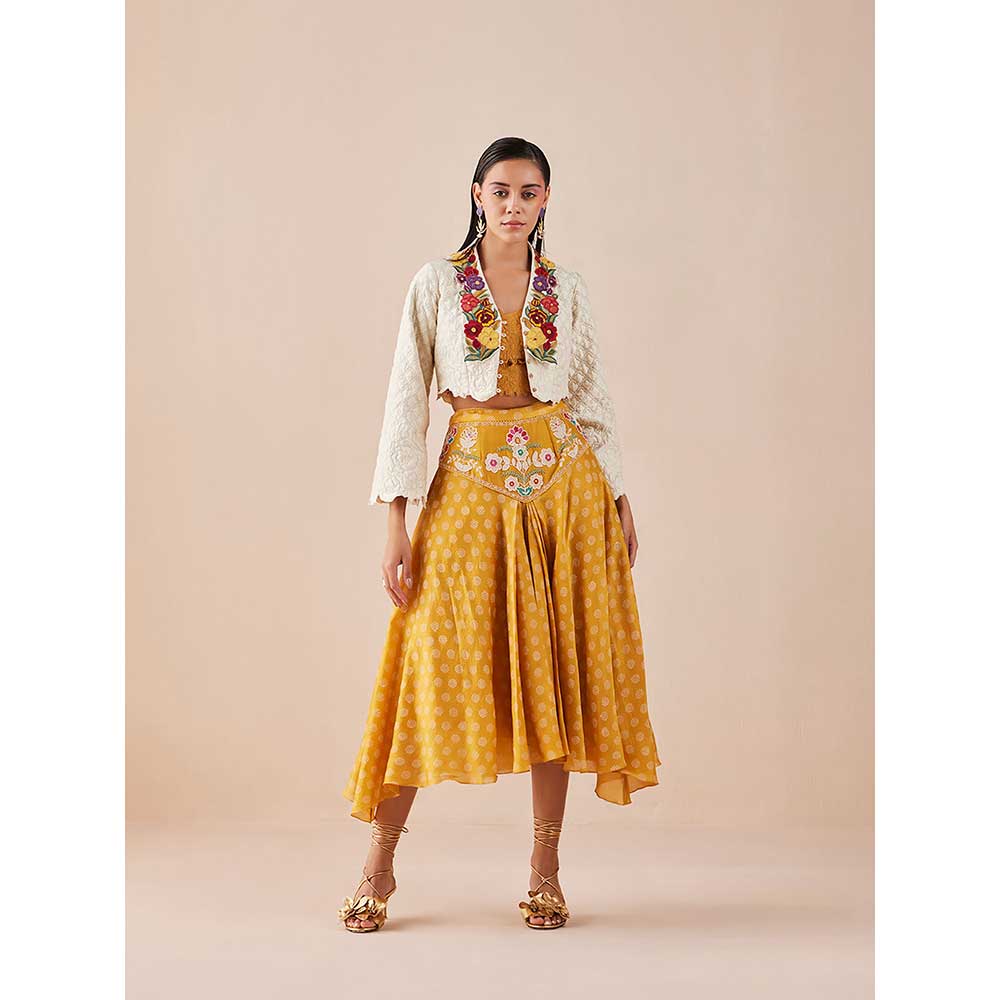 CHANDRIMA Yellow Printed Yoke Detail Skirt