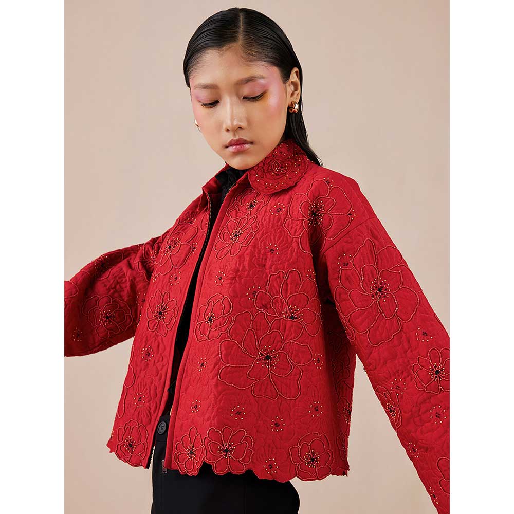 CHANDRIMA Red Poppy Quilted Drop Shoulder Jacket
