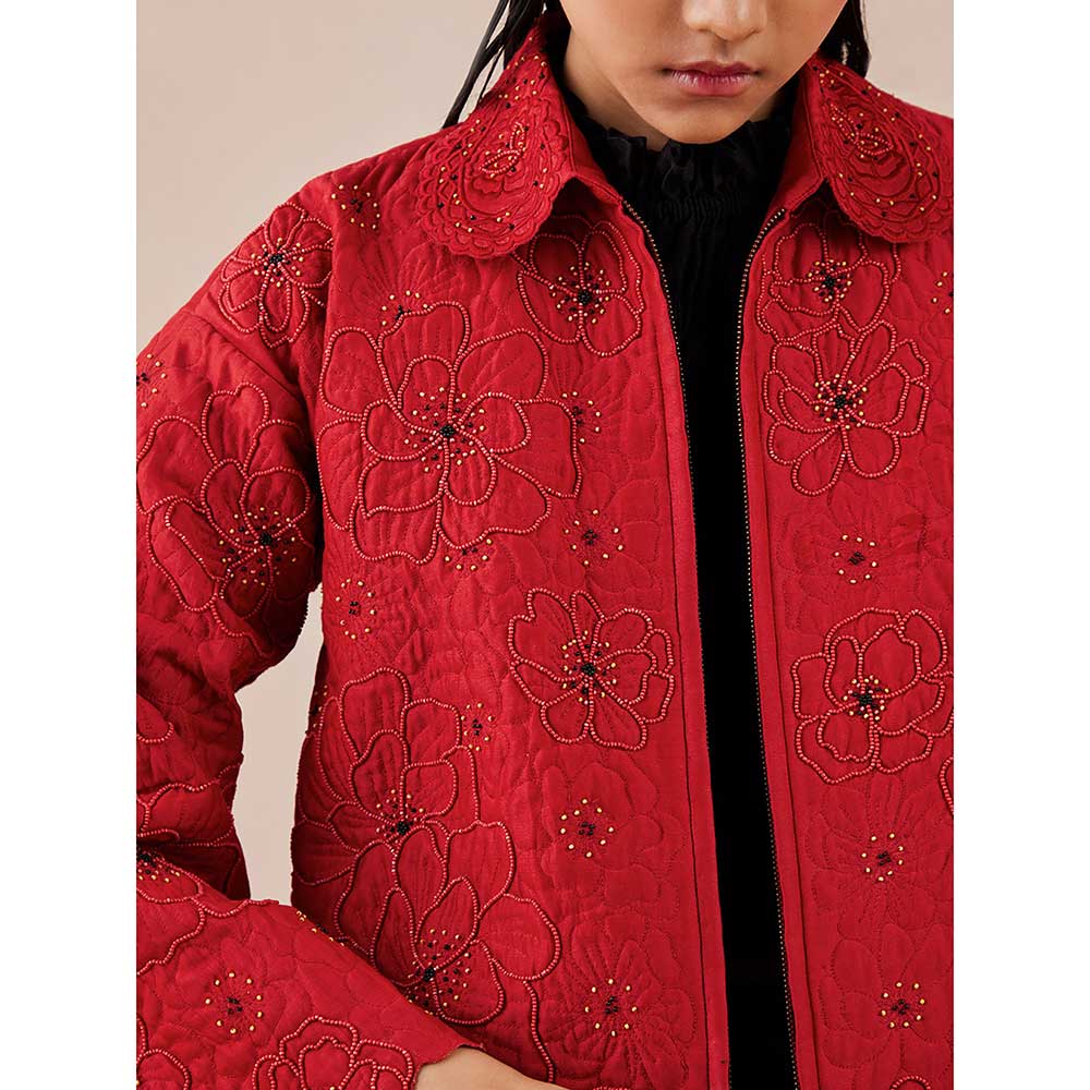 CHANDRIMA Red Poppy Quilted Drop Shoulder Jacket